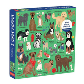 Doodle Dogs jigsaw puzzle box by Mudpuppy featuring a vibrant illustration of various dog breeds, including schnoodle, pugapoo, and goldendoodle. The puzzle consists of 500 colorful pieces, ideal for dog lovers and puzzle enthusiasts alike, showcasing playful dog illustrations against a green background.