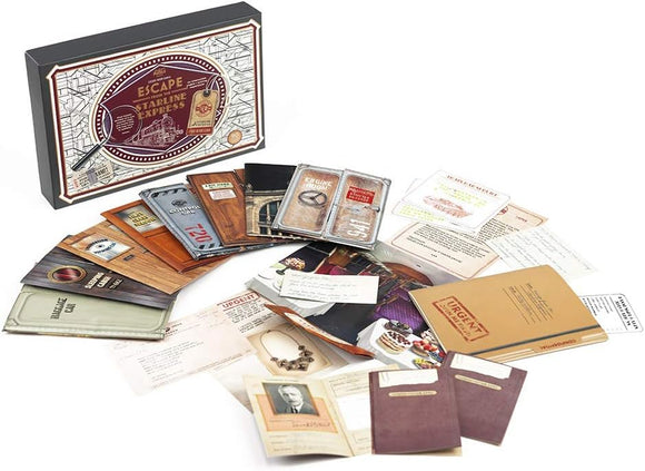 Escape the Starline Express game box by Professor Puzzle featuring an assortment of themed cards, notes, and envelopes spread around it, designed for immersive gameplay with mystery-solving elements.