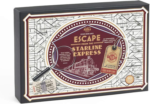 Escape the Starline Express is an interactive escape room game by Professor Puzzle, featuring a vintage train design. The box showcases a classic train illustration and includes intriguing text about uncovering hidden secrets aboard a one-way train to mystery. Ideal for ages 12 and up, it accommodates multiple players for a collaborative puzzle-solving experience.