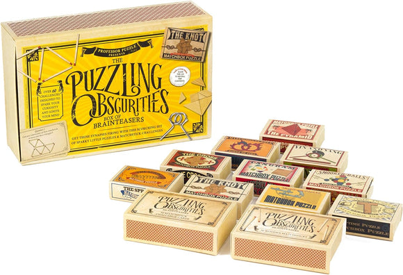 The Puzzling Obscurities Box of Brainteasers by Professor Puzzle features a vibrant yellow box filled with various mechanical puzzles. The main box showcases its title with playful typography, while multiple smaller matchbox puzzles created for mental challenges are neatly arranged around it. Each smaller box is uniquely designed, promising a fun experience in problem-solving and creativity.