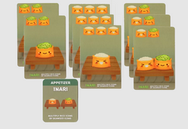 A collection of Sushi Go Party! Inari Promo cards featuring cute, animated sushi characters. The cards display various Inari sushi items with vibrant colors, set against a simple table background. Each card showcases unique designs including rice and seaweed icons, perfect for enhancing gameplay in the Sushi Go Party! board game.