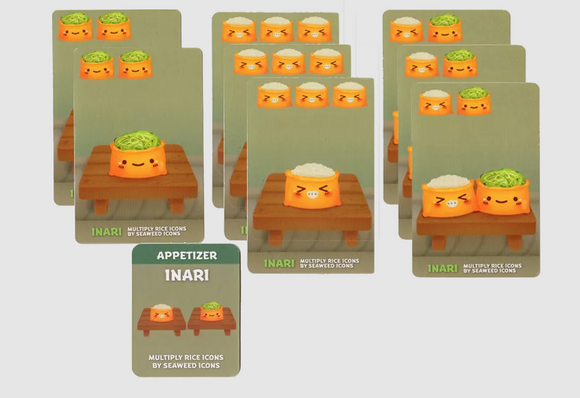 A collection of Sushi Go Party! Inari Promo cards featuring cute, animated sushi characters. The cards display various Inari sushi items with vibrant colors, set against a simple table background. Each card showcases unique designs including rice and seaweed icons, perfect for enhancing gameplay in the Sushi Go Party! board game.