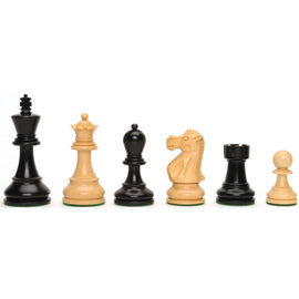 Set of Chessmen featuring black and Kari Staunton pieces, with a 3.25-inch King as the centerpiece. The set includes various pieces like the queen, rook, bishop, knight, and pawns, showcasing intricate craftsmanship and a classic design.