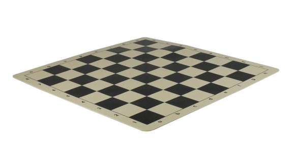 A 19.75-inch black and white silicone chess mat featuring an alternating checkerboard pattern. The edges are marked with letters and numbers for easy gameplay setup. Ideal for both beginner and advanced chess enthusiasts, it offers durability and a non-slip surface for an enhanced gaming experience.