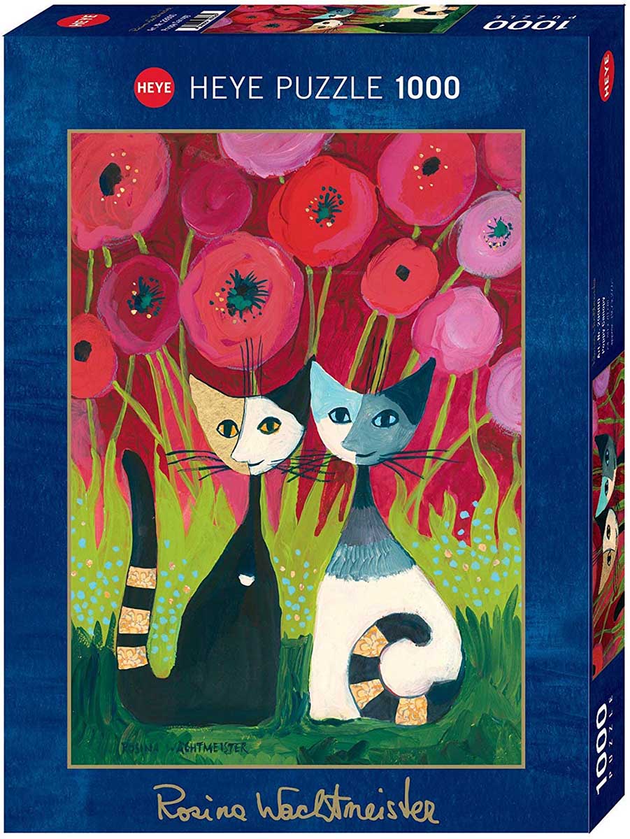 Poppy Canopy jigsaw puzzle by Heye features a colorful illustration of two stylized cats amidst vibrant red poppies. The artwork includes playful details and bright colors, ideal for cat lovers and puzzle enthusiasts. This puzzle consists of 1000 pieces, providing an engaging and challenging experience.