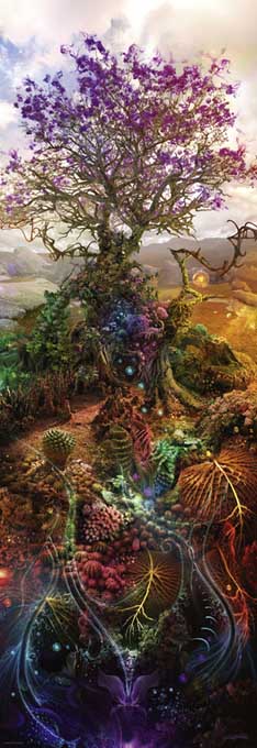 A beautiful jigsaw puzzle featuring a mystical tree with vibrant purple blossoms atop a lush, colorful landscape filled with intricate flora and colorful orbs. The design incorporates elements of fantasy and nature, showcasing a harmonious blend of colors and imaginative detail.