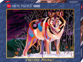 Heye 1000-piece jigsaw puzzle titled 'Night Wolf,' featuring a colorful, stylized depiction of a wolf surrounded by a winter landscape with trees and flowers. The artwork is vibrant and playful, designed by artist Bob Coonts, making it an engaging challenge for puzzle enthusiasts.