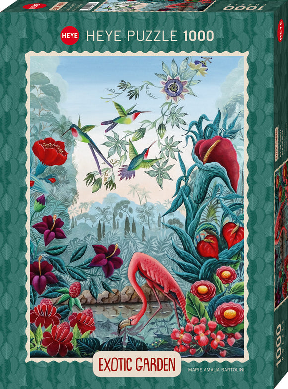 A vibrant jigsaw puzzle box featuring an illustration titled 'Exotic Garden,' showcasing a variety of tropical plants, colorful flowers, and birds including hummingbirds and a pink flamingo by a pond, designed by Marie Amalia Bartolini. The box contains 1000 puzzle pieces and boasts a green patterned background.