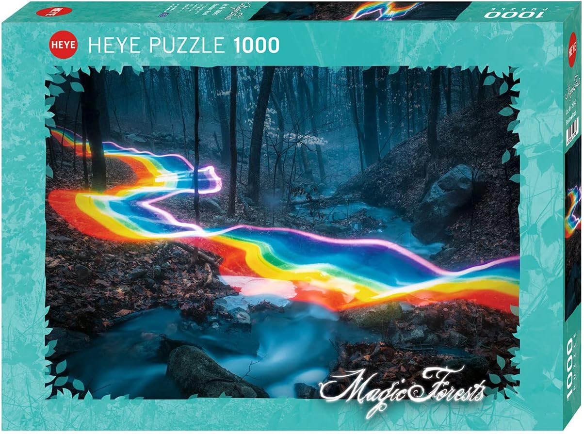 Heye 1000-piece jigsaw puzzle titled 'Rainbow Road Magic Fo'. The image features a mystical forest scene with a colorful, illuminated rainbow pathway winding through dark trees and a serene stream, inviting puzzlers to immerse themselves in this enchanting landscape.