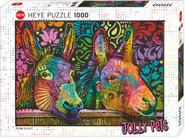 Heye Jigsaw Puzzle titled 'Donkey Love' featuring a colorful illustration of two donkeys with intricate patterns and vibrant colors. The puzzle consists of 1000 pieces and is designed for both art and puzzle enthusiasts, providing an enjoyable challenge while adding a splash of color to any space.