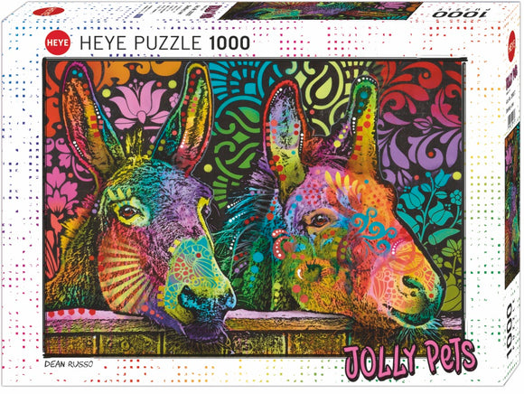 Heye Jigsaw Puzzle titled 'Donkey Love' featuring a colorful illustration of two donkeys with intricate patterns and vibrant colors. The puzzle consists of 1000 pieces and is designed for both art and puzzle enthusiasts, providing an enjoyable challenge while adding a splash of color to any space.