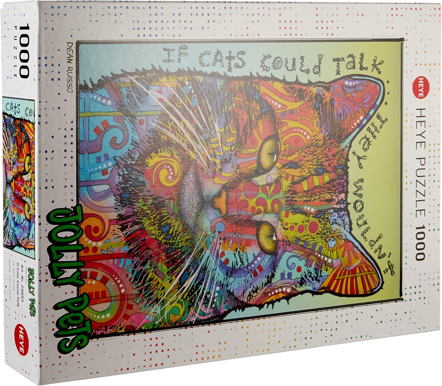 If Cats Could Talk jigsaw puzzle by Heye, featuring a vibrant and colorful illustration of a cat's face with intricate patterns and playful designs. The puzzle has 1000 pieces and is part of the Jolly Pets collection.