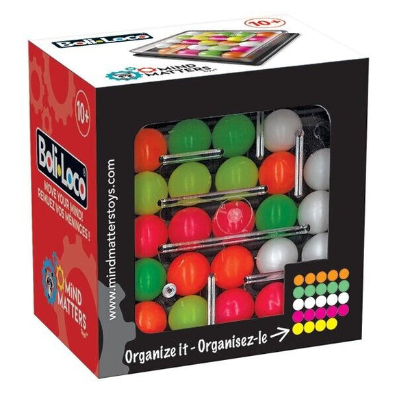Boli-Loco by Mind Matters is a colorful mechanical puzzle that challenges players to move and organize vibrant balls on rods. The box features a mix of green, orange, white, and red balls and includes an instruction guide. Suitable for ages 10 and above, it promotes problem-solving skills and creativity.