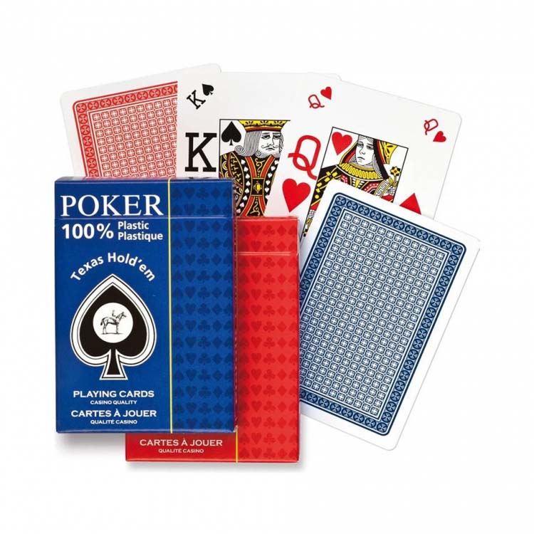 A set of playing cards in a blue and red box labeled 'Poker 100% Plastic Texas Hold'em.' The cards display a King of Hearts, Queen of Spades, and various patterned backs with vibrant designs, ideal for card games and family gatherings.