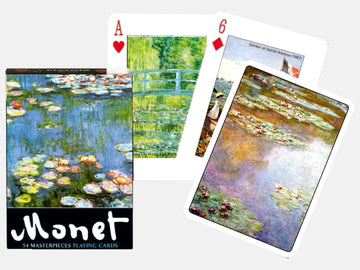 A visually appealing set of playing cards featuring the artwork of Claude Monet's famous 'Water Lilies'. The box displays colorful images of water lilies on a blue pond, while some cards show different Monet paintings including vibrant gardens and serene landscapes. The deck contains a total of 54 cards, making it perfect for family game nights or art enthusiasts.