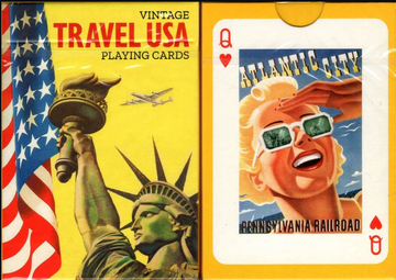 Vintage Travel USA Playing Cards with a design featuring the Statue of Liberty alongside an American flag and an image of a smiling woman in retro sunglasses labeled Atlantic City, Pennsylvania Railroad.
