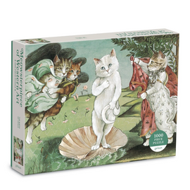 The Birth of Venus Meowsterpieces jigsaw puzzle by Galison features delightful illustrations of anthropomorphic cats inspired by classical art. The puzzle includes 1000 pieces and showcases a scene with a white cat standing on a shell, surrounded by playful cats in vibrant clothing against a lush green backdrop.