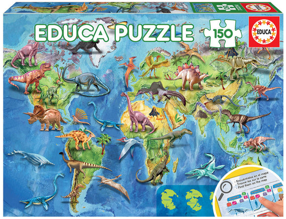 Educa 150-piece jigsaw puzzle featuring a colorful world map populated with dinosaurs. The map illustrates various dinosaur species alongside geographical landmarks, making it a fun and educational activity for children and dinosaur enthusiasts.