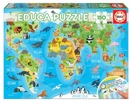 The Animals World Map jigsaw puzzle by Educa features a colorful illustration of a world map, populated with various animals such as lions, pandas, and dolphins. It includes labels for continents and oceans, designed for children with 150 pieces, encouraging learning about geography and wildlife.