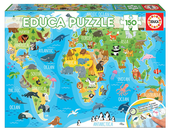 The Animals World Map jigsaw puzzle by Educa features a colorful illustration of a world map, populated with various animals such as lions, pandas, and dolphins. It includes labels for continents and oceans, designed for children with 150 pieces, encouraging learning about geography and wildlife.