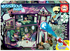 Ghost House 100 Piece Jigsaw Puzzle by Educa. The colorful box features a whimsical illustration of a mysterious haunted house filled with playful ghosts, witches, and hidden objects. Perfect for puzzle enthusiasts and families, this captivating jigsaw delights users with its enchanting design and fun challenges.