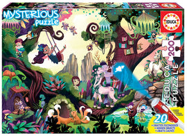 The box design of the Magical Forest Mystery Puzzle by Educa features a vibrant and whimsical illustration of a magical forest. The artwork showcases various enchanted creatures, playful children, and hidden objects within lush greenery. The scene includes a playful swing, a unicorn, and hints of adventure, enhancing the excitement of piecing together this 200-piece jigsaw puzzle.