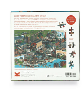 The World of Sherlock Holmes jigsaw puzzle by Laurence King Publishing. Featuring an illustrated scene of Sherlock Holmes' London, including notable locations and characters. The puzzle includes 221 pieces and a fold-out poster for identifying characters and locations, measuring 27 x 19 inches when completed.