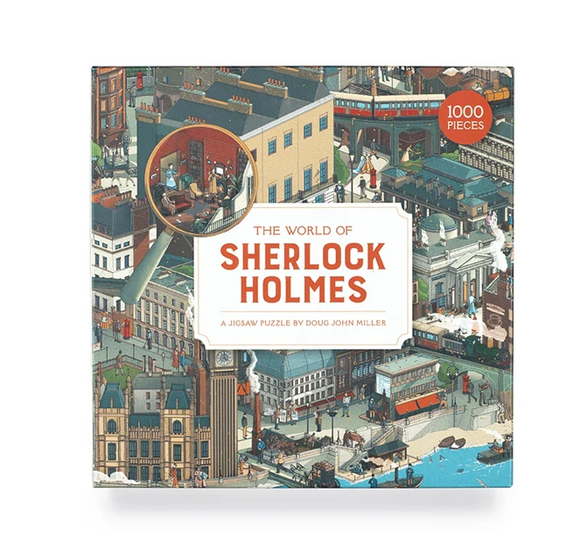 A colorful jigsaw puzzle box titled 'The World of Sherlock Holmes' by Laurence King Publishing, featuring an intricate illustration with 1000 pieces. The design showcases various scenes from Sherlock Holmes stories, complete with a magnifying glass highlighting a detective's study. Ideal for puzzle enthusiasts and fans of classic literature.