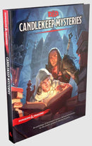 Candlekeep Mysteries book cover by Wizards of the Coast, featuring two characters in a library setting. One is reading an ancient book, while the other observes. The cover displays vibrant artwork and the Dungeons & Dragons logo.