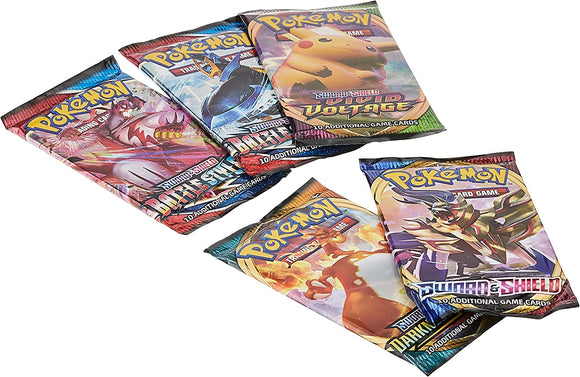 A collection of Pokémon Trading Card Game booster packs featuring various artwork and vibrant colors. Each pack offers 10 additional game cards for play, enhancing Pokémon battles and strategy. The packs are from multiple series including Sword & Shield: Battle Styles, Vivid Voltage, and Dark Mist, showcasing iconic Pokémon characters such as Pikachu and Charizard.