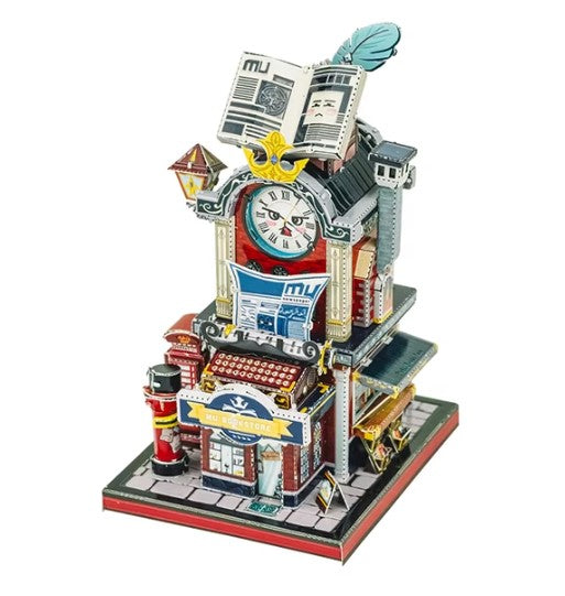 A detailed metal model of the Travel the World Bookstore by Mu Model, showcasing intricate designs, vibrant colors, and a clock on top, creating an enchanting DIY kit for enthusiasts.