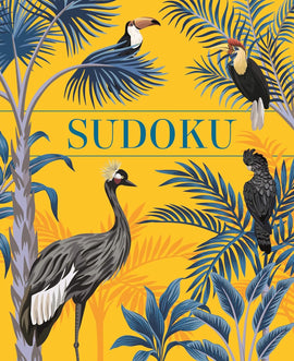 Colorful cover of the Sudoku (Birds) book by Sirius, featuring various birds among lush tropical foliage on a vibrant yellow background. The title 'SUDOKU' is displayed prominently in blue.