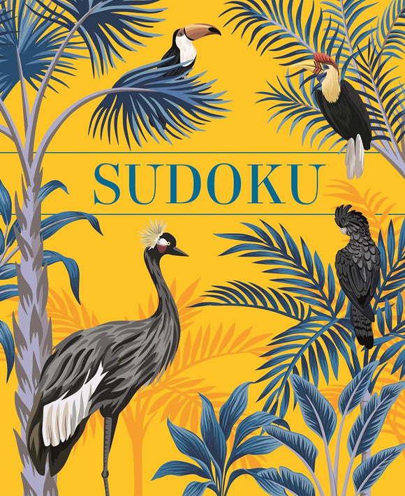 Colorful cover of the Sudoku (Birds) book by Sirius, featuring various birds among lush tropical foliage on a vibrant yellow background. The title 'SUDOKU' is displayed prominently in blue.