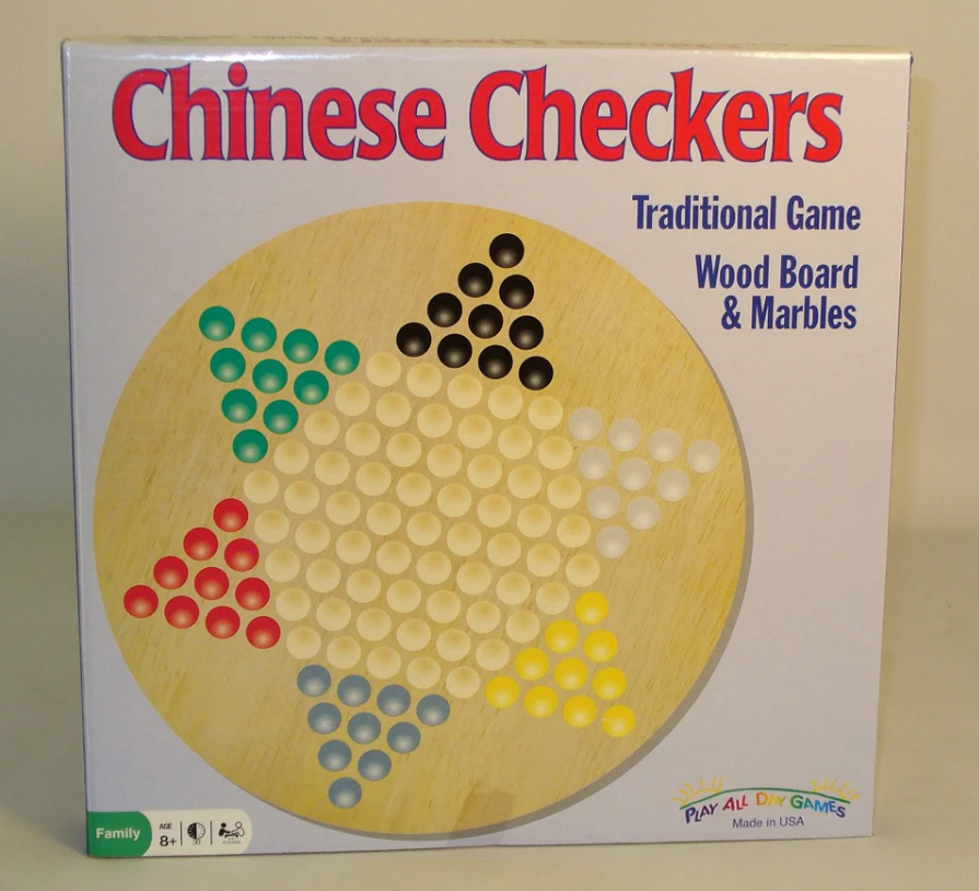 Wood Round Chinese Checkers game from WorldWise Imports featuring a circular wooden board with brightly colored marbles in red, blue, green, black, yellow, and white. Ideal for family game nights, the packaging includes clear labeling of its traditional gameplay suitable for ages 8 and up.