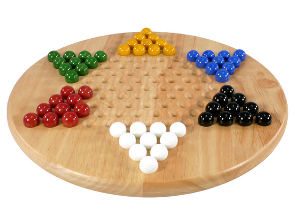 A round wooden board designed for Chinese Checkers, featuring six distinct color zones filled with colorful marbles. Each zone shows a different color: green, yellow, blue, red, black, and white marbles, depicting the classic game layout.