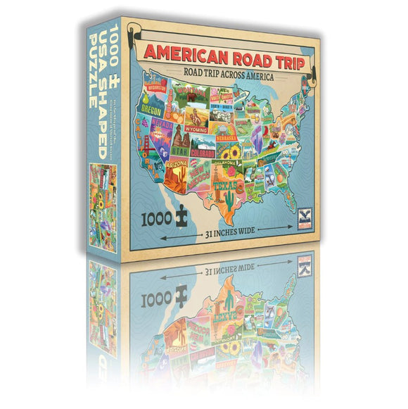 A colorful box of the 'American Road Trip' jigsaw puzzle by TDC Games Inc. The puzzle features a detailed map of the United States with illustrated highlights from each state, showcasing iconic landmarks and symbols. The box indicates it contains 1000 pieces and measures 31 inches wide.