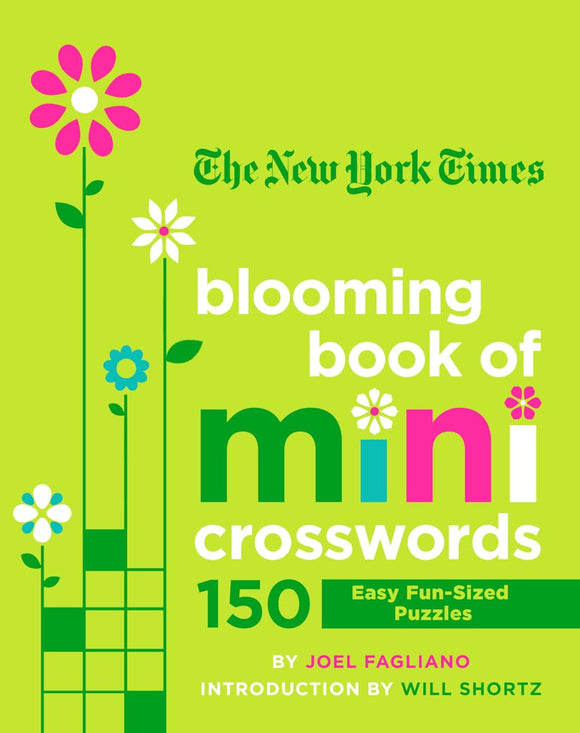 Cover of 'The New York Times Blooming Book of Mini Crosswords' featuring vibrant flowers and bold text. It includes 150 easy, fun-sized crossword puzzles for enthusiasts of all ages.