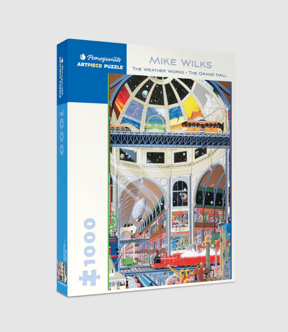 Box of 'The Weather Works: The Grand H' jigsaw puzzle by Pomegranate, featuring an intricate artwork by Mike Wilks. The puzzle includes 1000 colorful pieces showcasing a vibrant scene filled with trains, balloons, and celestial elements, designed to provide a challenging and enjoyable puzzle experience.