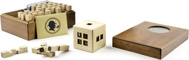 The Sherlock Wooden Puzzle Set features a beautifully crafted wooden box containing various interlocking wood pieces. The set includes a cube with square holes, unique shaped blocks, and a lid with a Sherlock silhouette. Perfect for puzzle enthusiasts and creative thinkers.