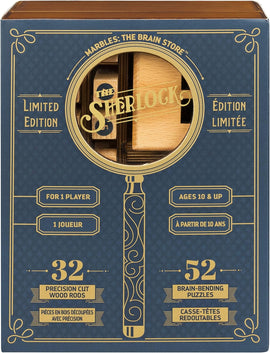 The Sherlock Wooden Puzzle Set by Marbles features a stylish box design in deep blue with golden accents. It includes 32 precision cut wooden rods and offers 52 brain-bending puzzles, suitable for one player aged 10 and up. This limited edition mechanical puzzle combines strategy and creativity for an engaging challenge.