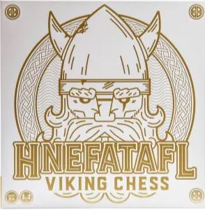 Hnefatafl Two Player game by Marbles, featuring a Viking-themed design with an illustrated Viking character wearing a horned helmet, adorned with intricate patterns and the title 'Hnefatafl Viking Chess' prominently displayed.