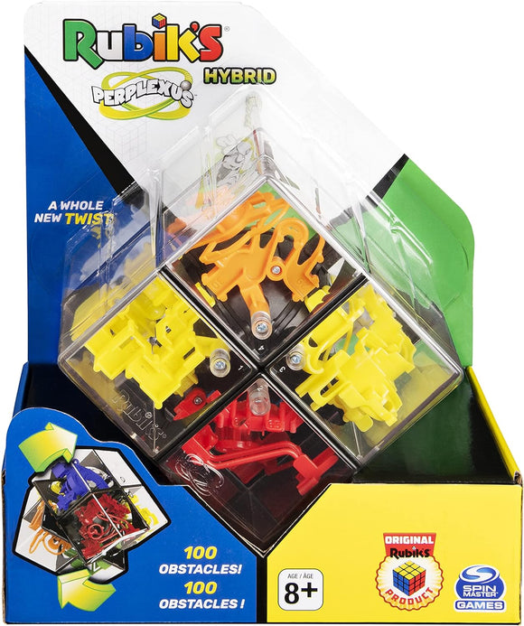 The Perplexus Rubik's Hybrid is a colorful mechanical puzzle featuring a transparent cube housing intricate pathways and 100 obstacles. The packaging showcases the vibrant red, yellow, and green components, along with the Rubik's logo and a tagline emphasizing 'A Whole New Twist.' Suitable for ages 8 and up, this puzzle combines the classic Rubik's challenge with a unique twist.
