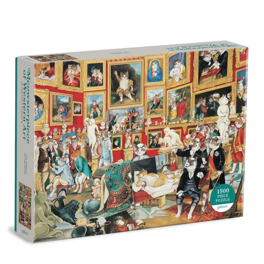 Tribuna of the Uffizi Meowster jigsaw puzzle by Galison, featuring a whimsical art gallery filled with cats dressed in historical attire. The packaging showcases vibrant illustrations and details of a 1500 piece puzzle, perfect for art lovers and cat enthusiasts alike.