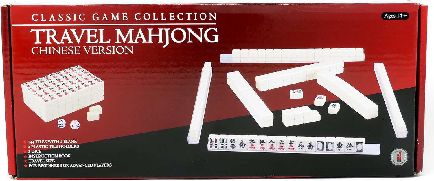 Travel Mah Jong Chinese tiles game set by John N. Hansen Co. Inc. Includes 144 tiles with 2 blanks, 4 plastic tile holders, 2 dice, and an instruction book, designed for both beginners and advanced players. Perfect for travel, featuring a compact design.