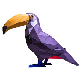 A vibrant, 3D papercraft representation of a toucan, featuring a colorful beak and geometric shapes. The model showcases intricate details with purple, yellow, and red accents, ideal for creative enthusiasts and DIY lovers.