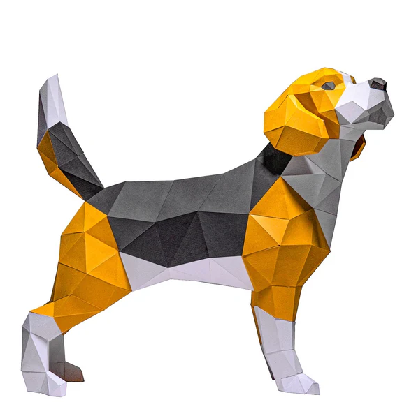 A 3D papercraft model of a Beagle dog, showcasing vibrant yellow, gray, and white paper polygons that form its body and head in a playful pose. This DIY kit offers a creative way to assemble and display a stunning Beagle figure.