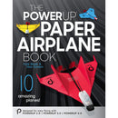 The PowerUp Paper Airplane Book showcases vibrant paper airplanes on its cover, featuring a striking red model in the foreground and a yellow and a blue airplane above it. The title is prominently displayed, emphasizing the DIY nature of the project with '10 amazing planes!'