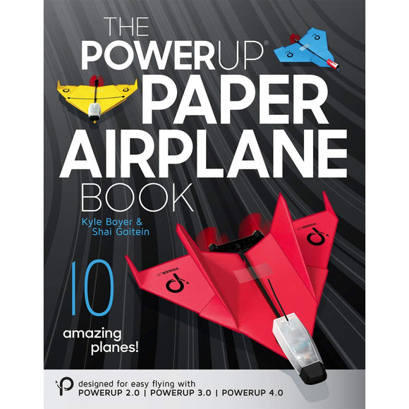 The PowerUp Paper Airplane Book showcases vibrant paper airplanes on its cover, featuring a striking red model in the foreground and a yellow and a blue airplane above it. The title is prominently displayed, emphasizing the DIY nature of the project with '10 amazing planes!'