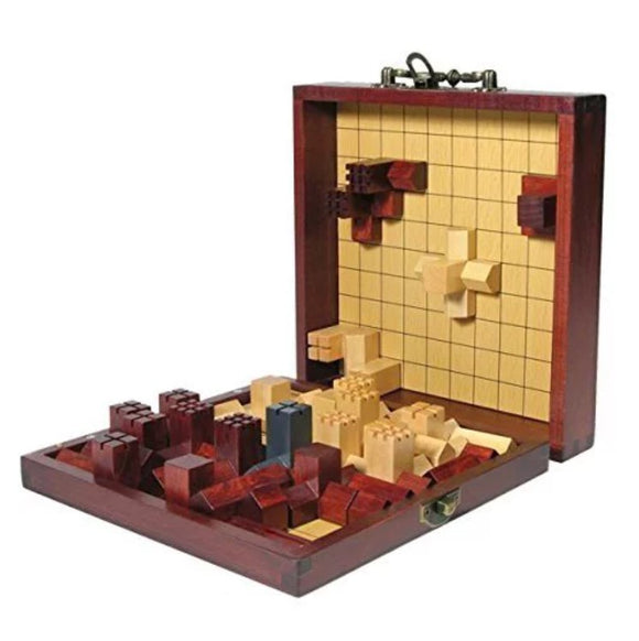 Cathedral: Travel game by Family Games Inc. showcases a beautifully crafted wooden board with a grid pattern, featuring various colorful wooden pieces in different shapes. The game is contained in an elegant wooden box with a clasp, inviting players to engage in strategic gameplay.