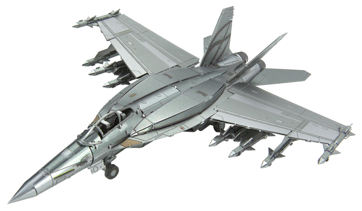 A detailed metal model of the 18 Super Hornet aircraft, showcasing its sleek design, wings, and missile attachments. Perfect for DIY enthusiasts and aviation lovers.